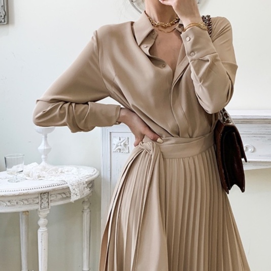 Đầm sơ mi thắt eo dài tay chân váy xếp li nhỏ phong cách vintage công sở