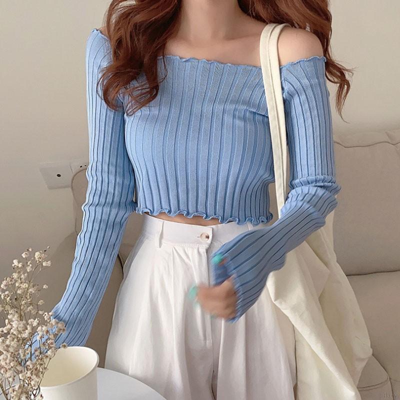 Korean Simple Slimming Square Neck Pit Strip Solid Long Sleeve T-shirt