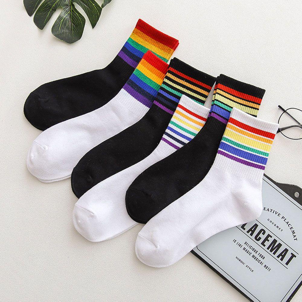 Vớ Thể Thao Chất Liệu Cotton Họa Tiết Kẻ Sọc Màu Cầu Vồng Phong Cách Đường Phố Cho Nữ
