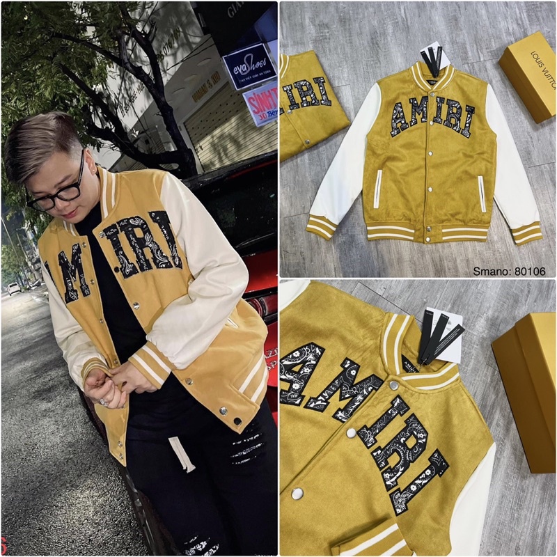 Áo Bomber Amiri Dạ Thêu Chữ Pha Tay Da Trắng Siêu Chất- Áo Da Nam