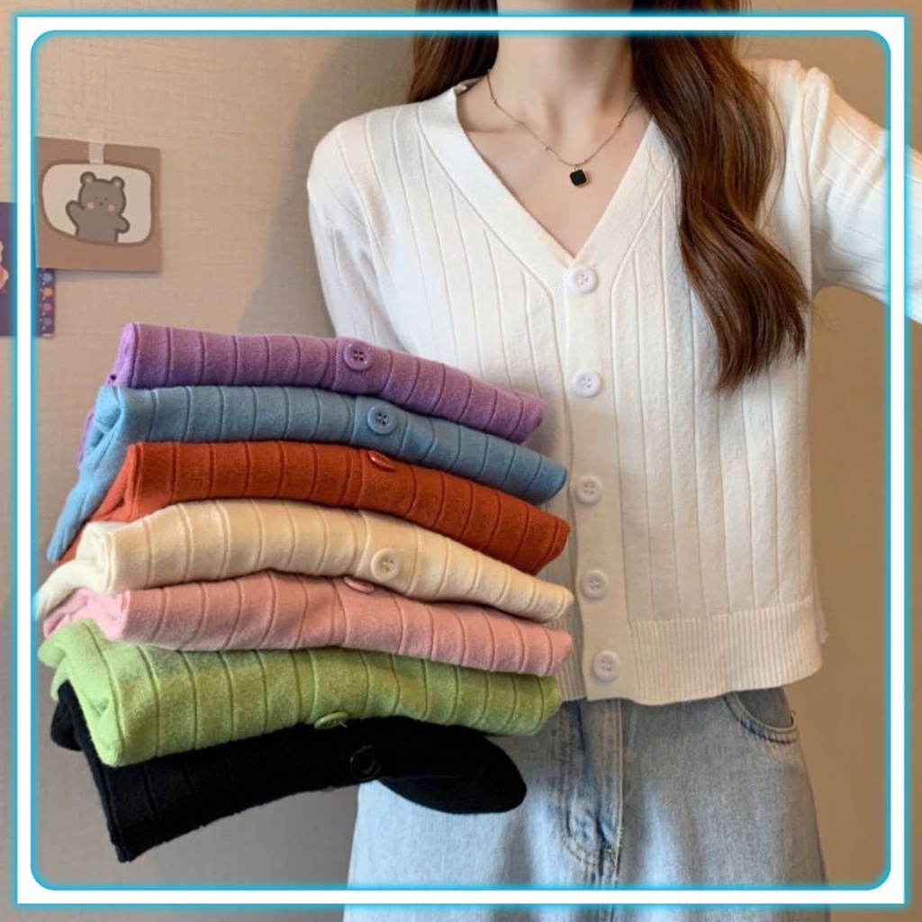 Áo khoác Cardigan Dệt Kim Cổ Tim Xinh Xắn Cho Nữ Chất Len Tăm Phong Cách Ulzzang Hàn Quốc Nhiều Màu