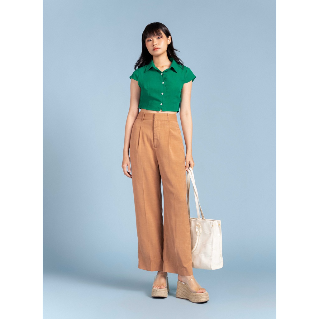 Áo sơ mi croptop tay ngắn dây thắt vòng eo thời trang GAGO màu xanh lá GA3839