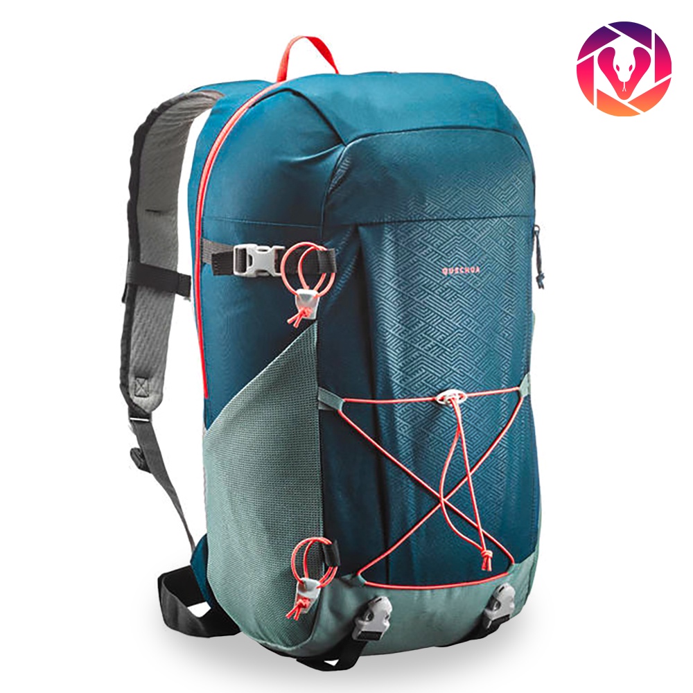 Balo thể thao leo núi, dã ngoại QUECHUA NH100 30 lít, màu xanh lam phối cam neon, vải poly hạn chế thấm, chống mài mòn