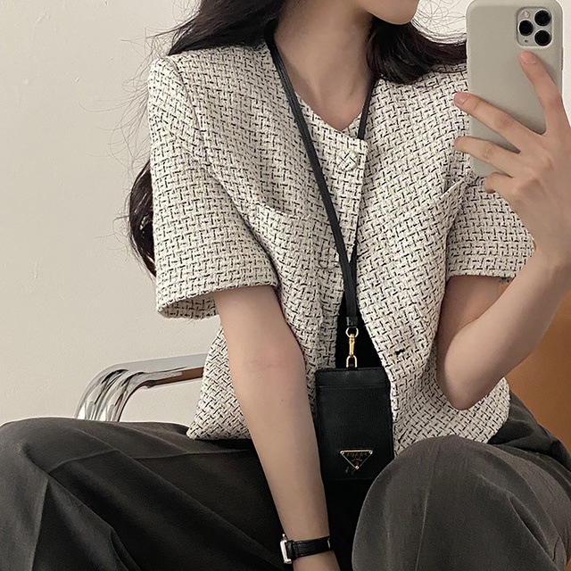 Áo Khoác Ngắn Tay Họa Tiết Sọc Caro Phong Cách Pháp 52860