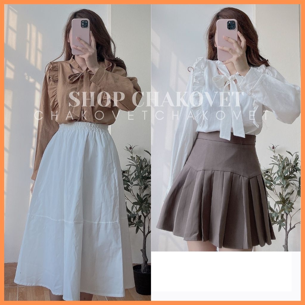 Áo sơ mi nữ dài tay trơn basic CKA891, kiểu áo nữ cổ V dáng babydoll bèo ngực thắt nơ phong cách thời trang hàn quốc