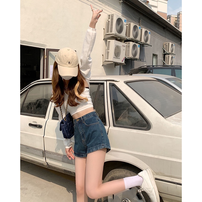 Xiaozhainv Quần Short Denim Lưng Cao Phong Cách retro Hàn Quốc Trẻ Trung Cho Nữ