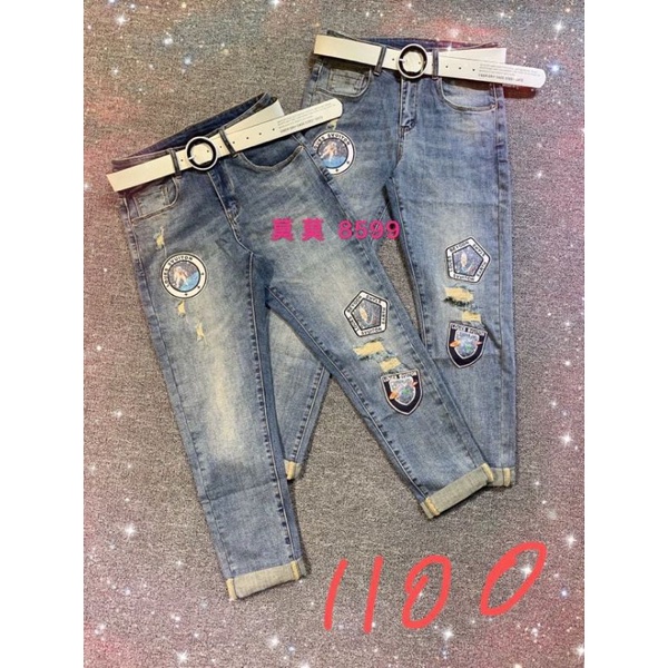 quần jeans momo thêu họa tiết kèm đai dáng dài dành cho nữ