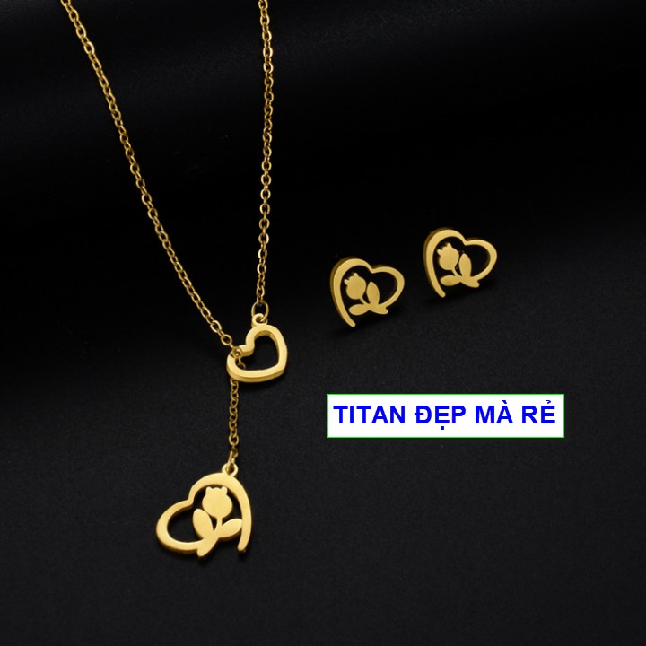 Bộ trang sức cá tính nữ mặt tim phối tim hoa hồng đẹp - Hàng titan vàng 18k sáng bóng đẹp - Cam kết 1 đổi 1 nếu đen