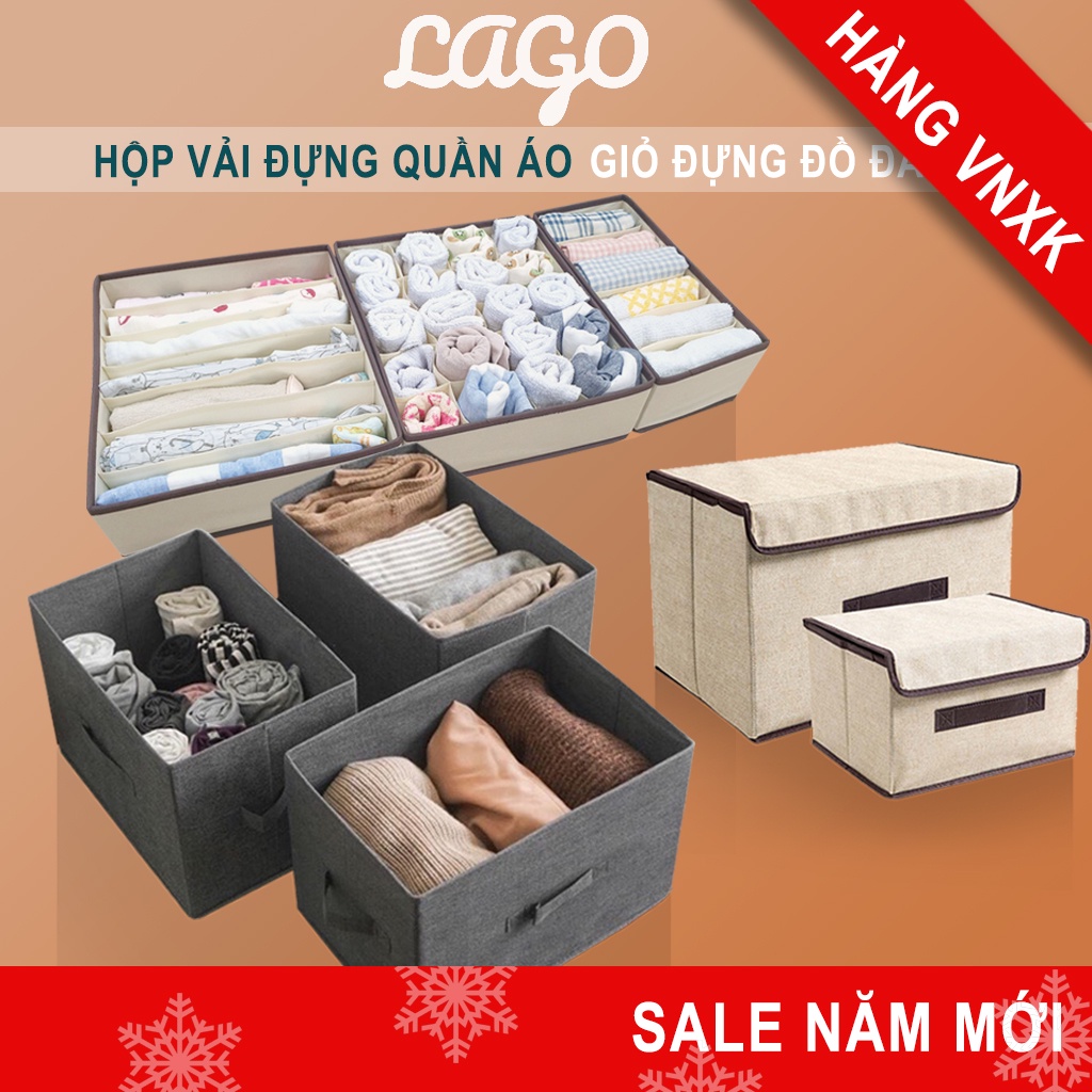 Giỏ đựng quần áo bằng vải cỡ lớn gấp gọn LAGO hộp vải đựng đồ đa năng có nắp, giỏ đựng đồ cá nhân