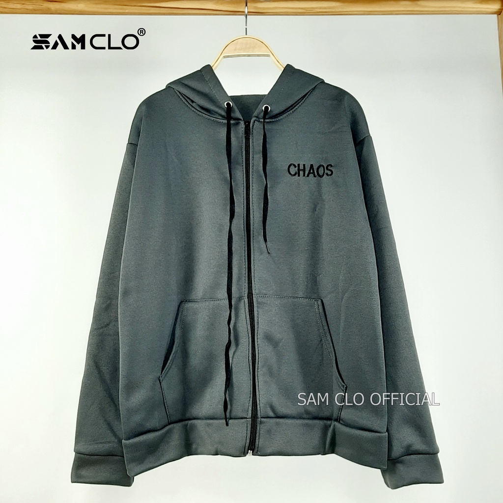 ÁO KHOÁC NỈ SAM CLO nữ freesize hoodie có khóa kéo tay dài thu đông dáng unisex THÊU chữ CHAOS