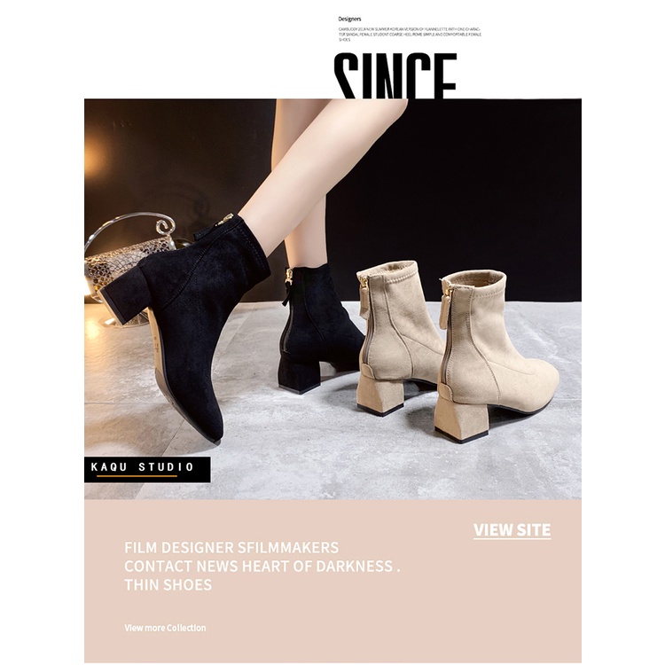 Giày boots nữ cao gót da lộn cổ thấp phong cách Hàn Quốc mới nhất 2021