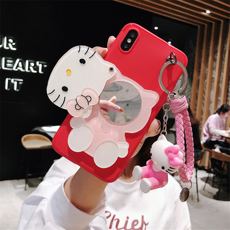 Ốp Điện Thoại Gắn Gương Hình Mèo Hello Kitty 3d + Dây Đeo Cho Iphone 12 Mini 11 Pro Xs Max X Xr 7 8 6 6s Plus Se Đứng