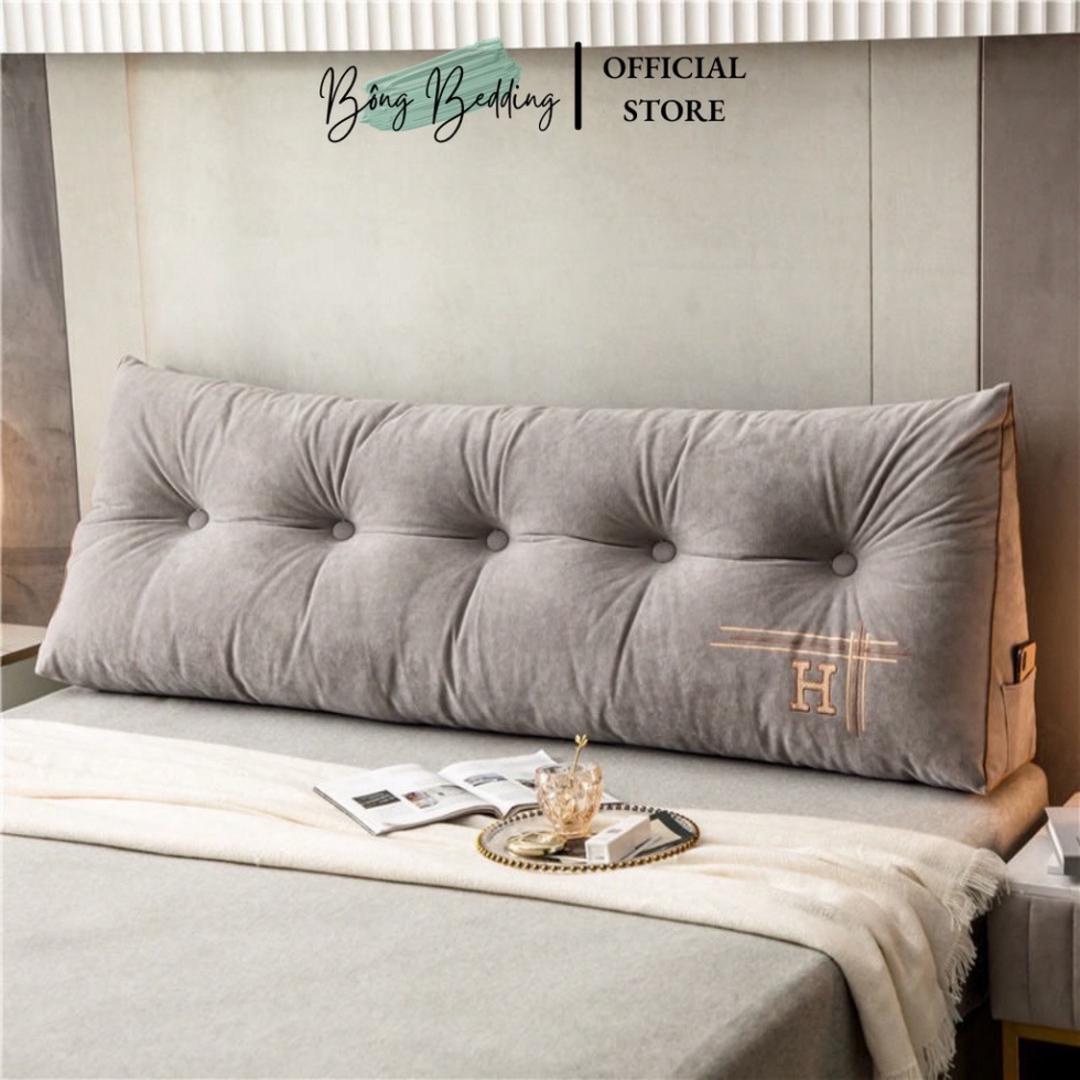 Gối Tựa Đầu Giường HIN BEDDING Hình Tam Giác Thêu Chữ H Đính Khuy Bọc Cao Cấp Có Sẵn 1m8 Và 1m5