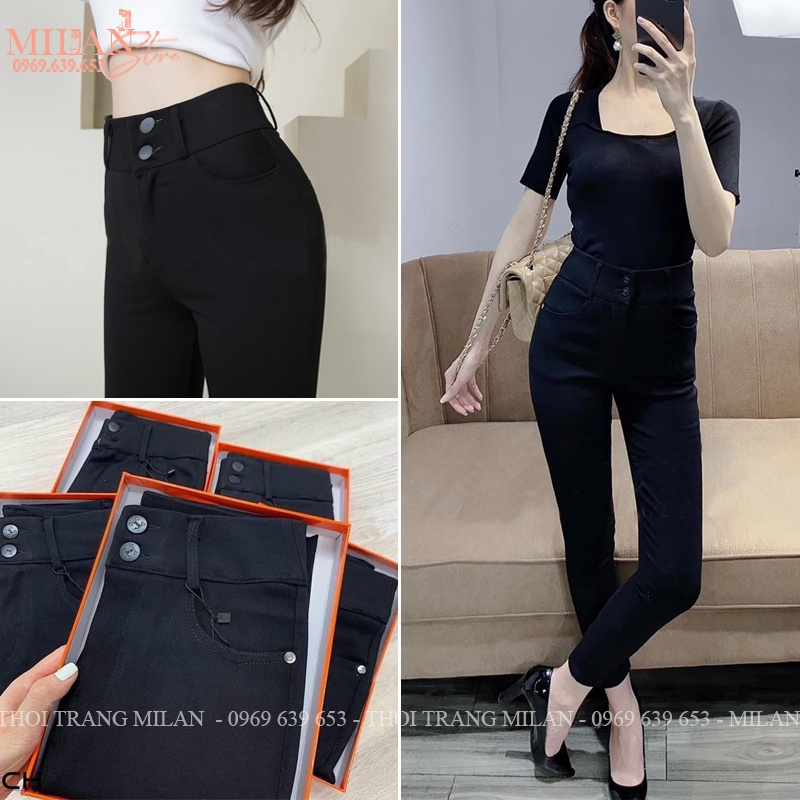 Quần legging nữ cạp cao gen bụng 2 khuy có túi nâng mông khóa kéo vải Umi đen dày co giãn ôm body mặc công sở đi học ngủ