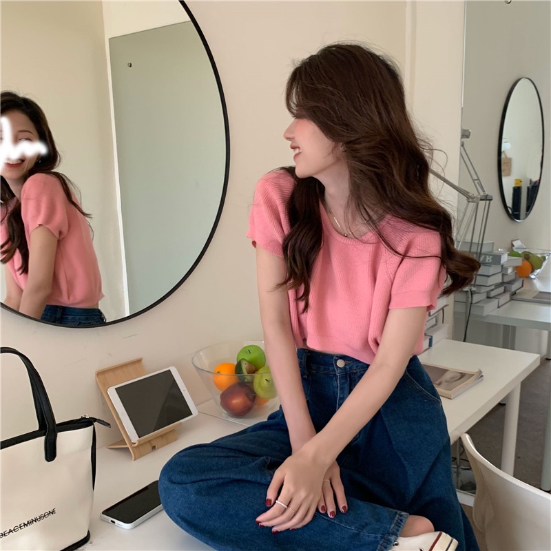 Áo thun XIAOZHAINV kiểu croptop dệt kim tay ngắn cổ tròn dáng rộng thời trang mùa hè dành cho nữ