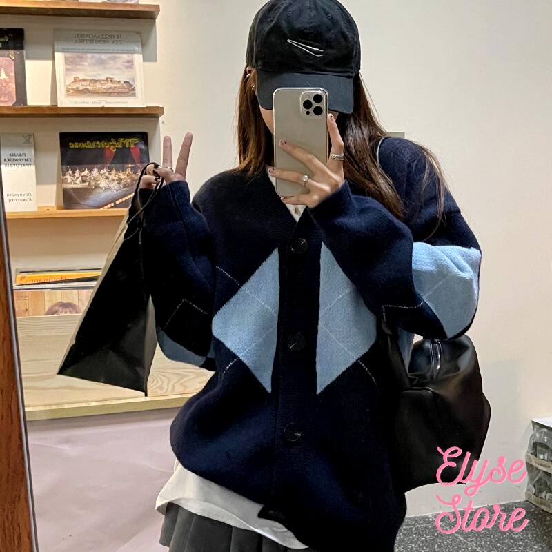 Áo khoác len cardigan retro họa tiết hình thoi dáng dài phong cách Hàn Quốc G-15