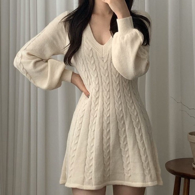 Đầm Dệt Kim Dáng Chữ a Cổ Chữ v Phong Cách Retro Hàn Quốc