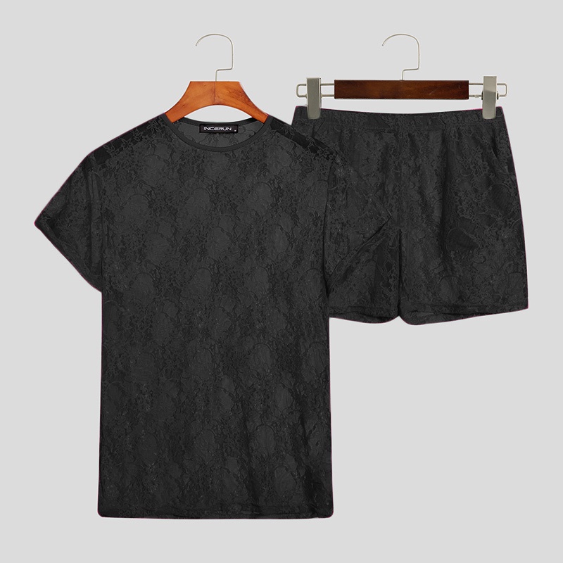 Bộ áo thun và quần đùi INCERUN bằng vải lưới mỏng xuyên thấu thời trang thông thường cho nam