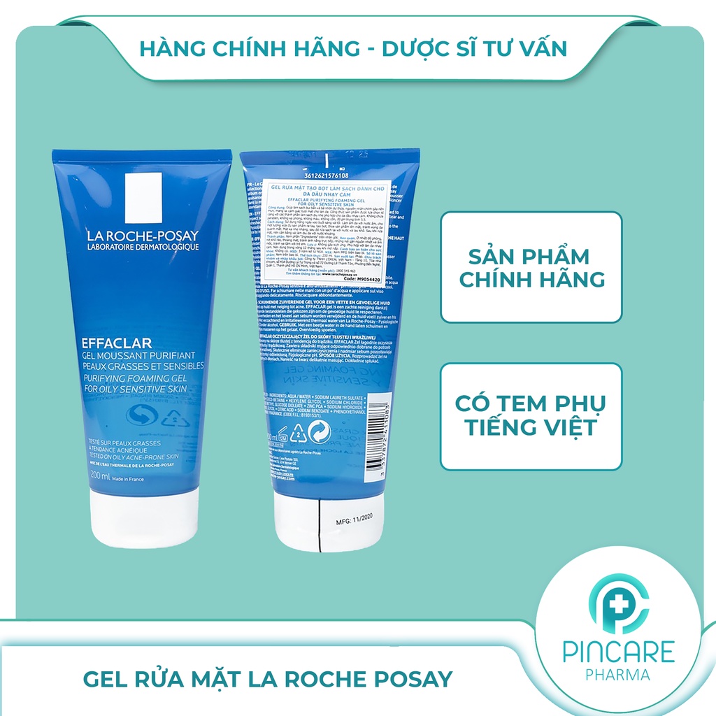 Gel rửa mặt La Roche Posay Effaclar 50ml &amp; 200ml &amp; 400ml cho da dầu mụn - Hãng chính hãng - Nhà thuốc PinCare