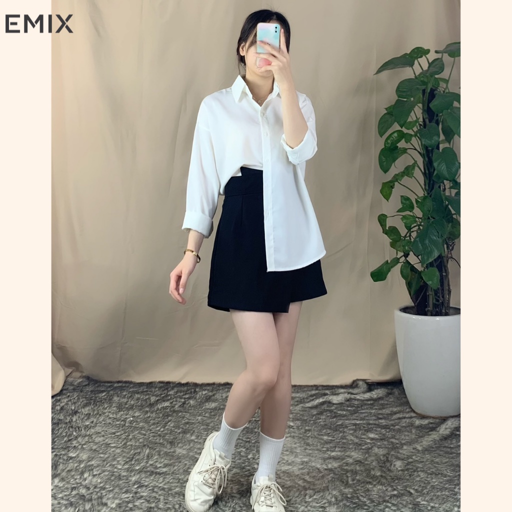 Áo sơ mi nữ form rộng cơ bản EMIX (5 màu), ulzzang, dài tay, vải lụa mềm mại, dày dặn, không nhăn