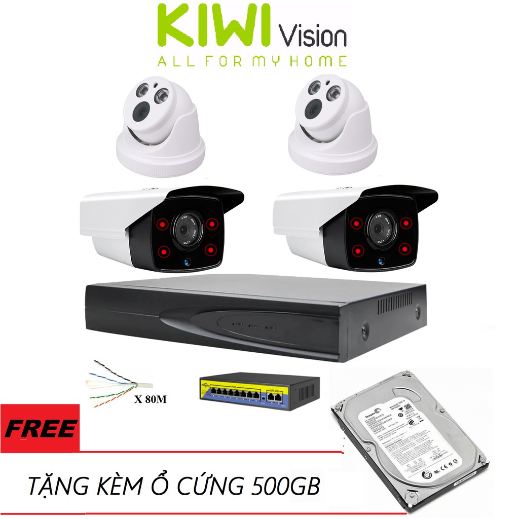 Trọn Bộ 4 Mắt Camera IP POE 3.0MP có màu Kèm Ổ Lưu Trữ 500GB, Chuẩn Nén H265, Hỗ Trợ Thu Âm,BH 24T,TẶNG hộp kỹ thuật