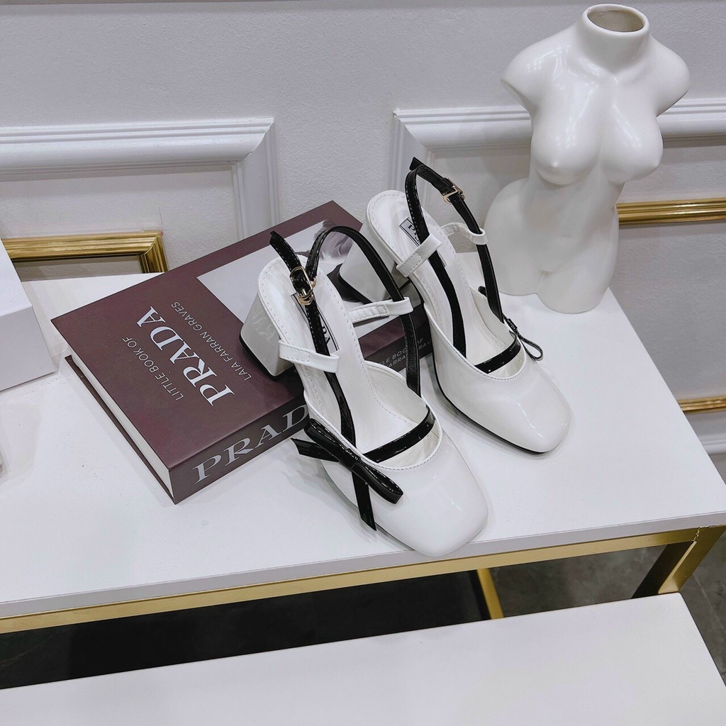 Giày cao gót nữ đế vuông nơ viền cạnh sandal cao gót pra đế vuông nơ xinh xinh E522