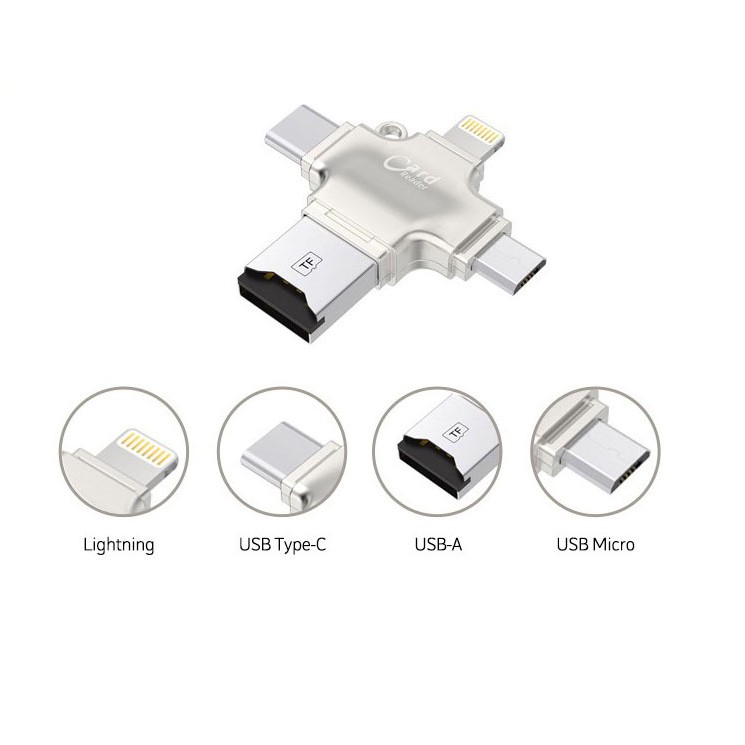 Đầu đọc thẻ nhớ OTG 4 in 1 Micro SD cổng type-C, lightning, micro usb