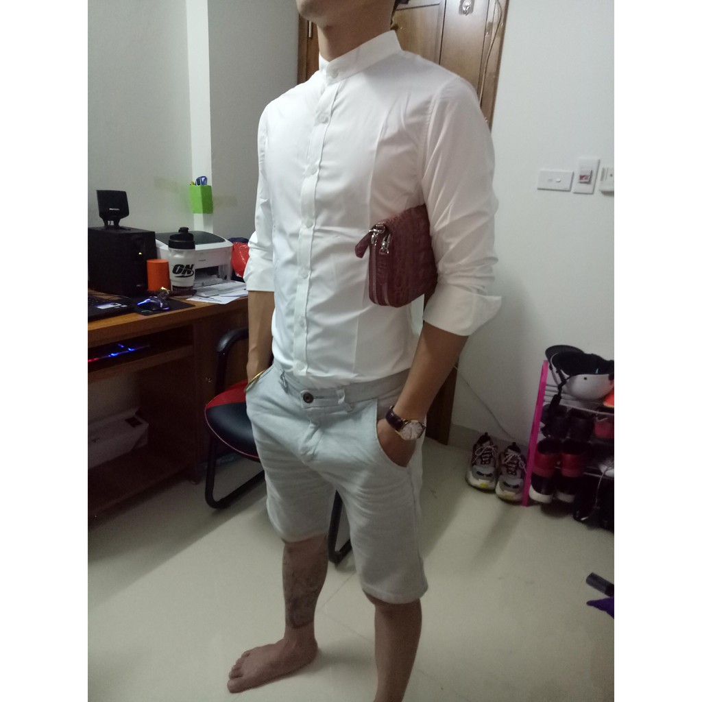 [GIÁ SƯỞNG]Sơ mi trắng cổ tàu chất liệu lụa thái bóng nhẹ không nhăn không xù không bám bụi | BigBuy360 - bigbuy360.vn