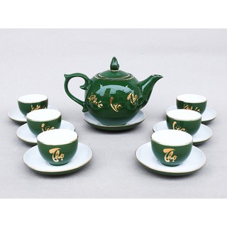 Bộ ấm chén men xanh lục bảo Phúc Lộc Thọ gốm sứ Bát Tràng