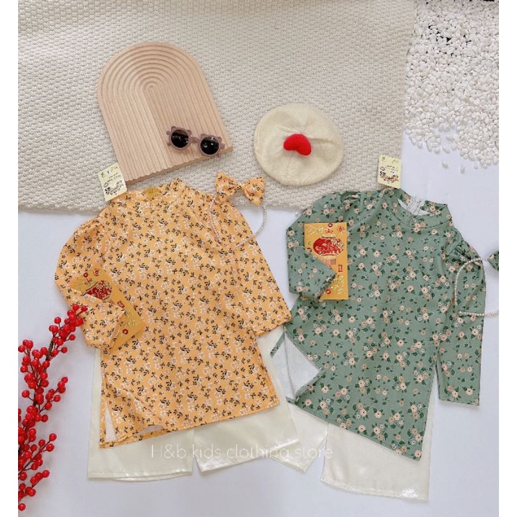 Set áo dài 3 chi tiết HB kids bé gái 2022 chất liệu nhung hoa
