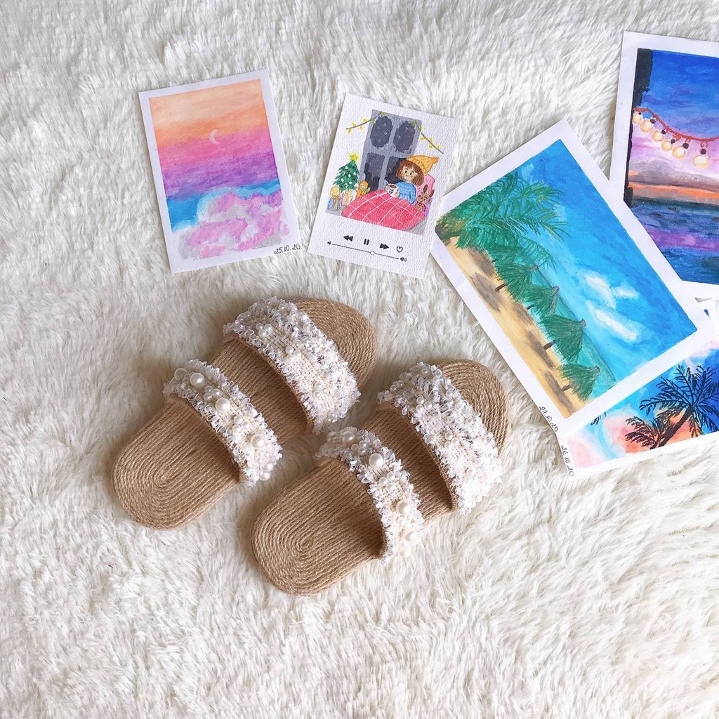 Dép cói quai ngang hột bẹt trắng