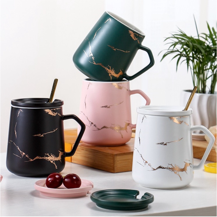 Cốc Uống Cafe, Đựng Kem Đánh Răng Gốm Sứ Cao Cấp Sang Trọng 400ml - Tặng Kèm Thìa