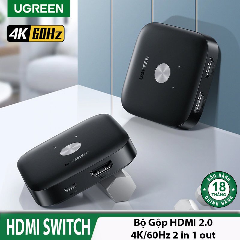 Bộ gộp HDMI 2 vào 1 ra Ugreen 80126 CM333 (HDMI 2.0 Support 4K@60Hz- Auto cổng ) CHính hãng