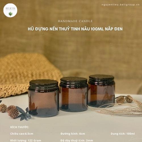 Hũ đựng nến thơm 100ml thuỷ tinh nâu nắp đen - Cốc đựng nến cao cấp