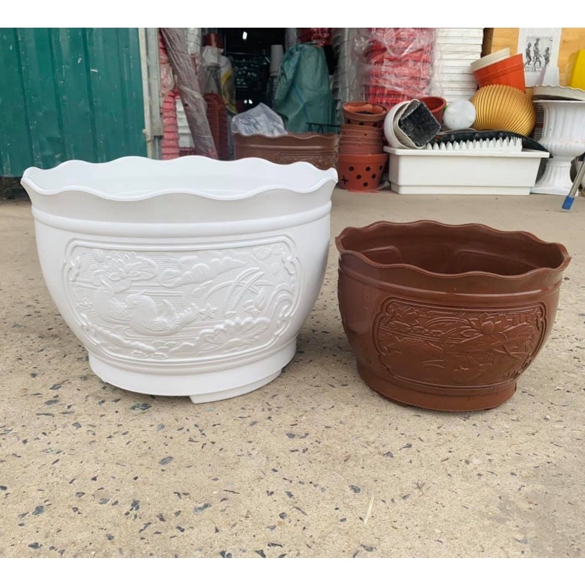 (38x26cm) Chậu nhựa uyên ương giả sứ cao cấp siêu đẹp T38_Chậu nhựa họa tiết chân cao tráng men sứ xịn UU380