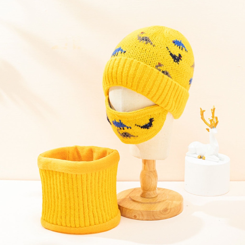 Set 3 Món Mũ beanie + Khăn Choàng Cổ + Khăn Choàng Cổ Giữ Ấm Mùa Đông Hình Khủng Long Cho Bé