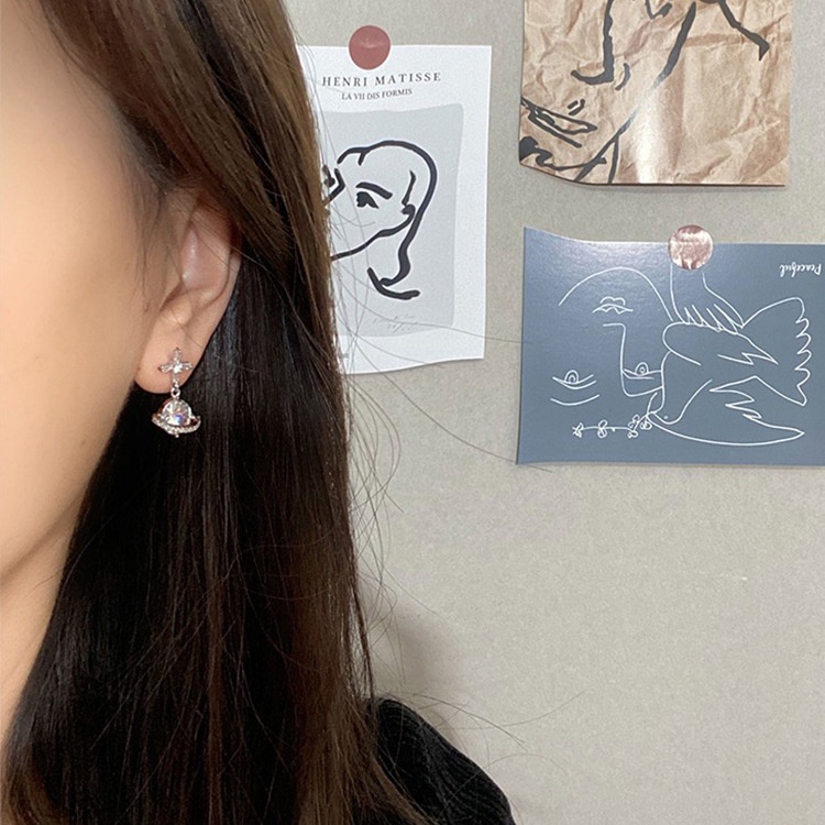 Bông Tai Mạ Bạc 925 Hình Hành Tinh Đính Đá Zircon Phong Cách Hàn Quốc Thời Trang