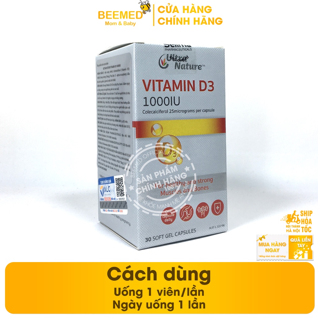 Vitamin D3 1000IU Ultra Nature - Giúp chắc khỏe xương, Tăng cường miễn dịch thêm vitamin E, Dầu đậu nành - Hộp 30 viên