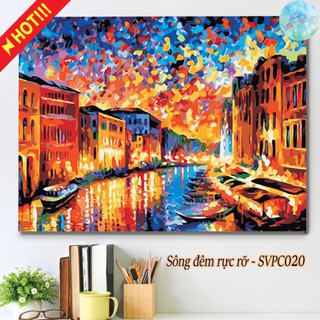 Tranh sơn dầu số hóa có khung DIY tự tô màu theo số SÔNG ĐÊM RỰC RỠ - SVPC020 ( Tranh phong cảnh lễ hội xuân tết đẹp )