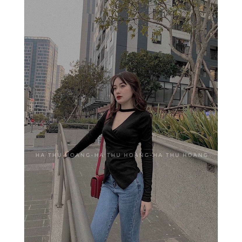 ÁO THUN GÂN CỔ CHOKER TAY DÀI VẠT ĐẮP CHÉO - MẪU VẢI ĐẸP