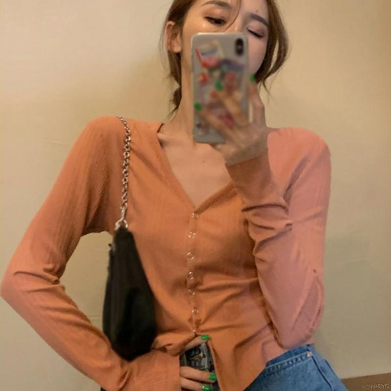 Áo Cardigan Dệt Kim Mỏng Tay Dài Cổ V Thời Trang Mùa Thu Cho Nữ