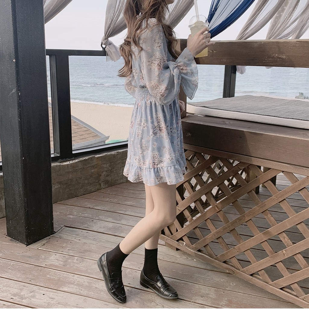 Đầm Voan Hoa Tay Dài Cổ Chữ V Thời Trang 29250