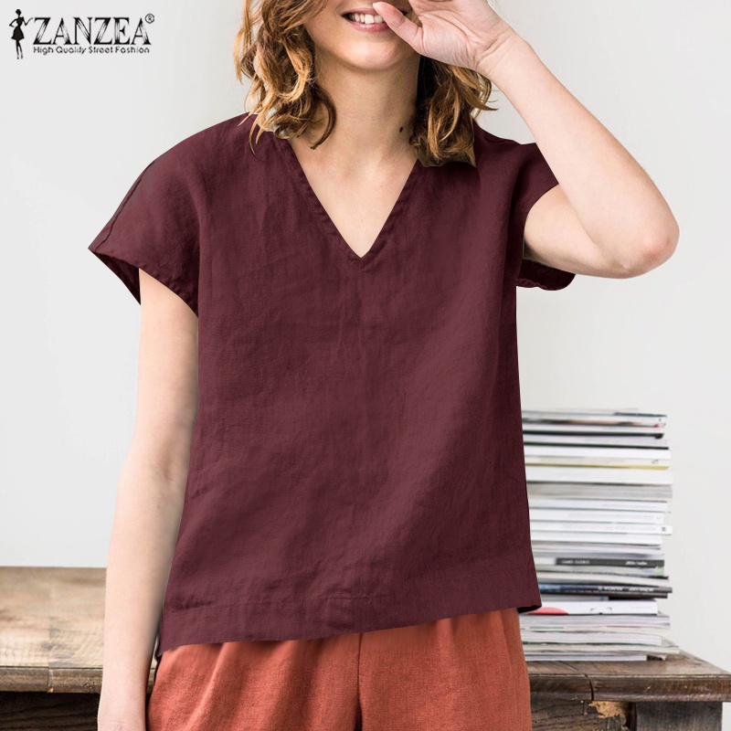 Áo kiểu ZANZEA cho tay dài cổ chữ V màu trơn phong cách cổ điển