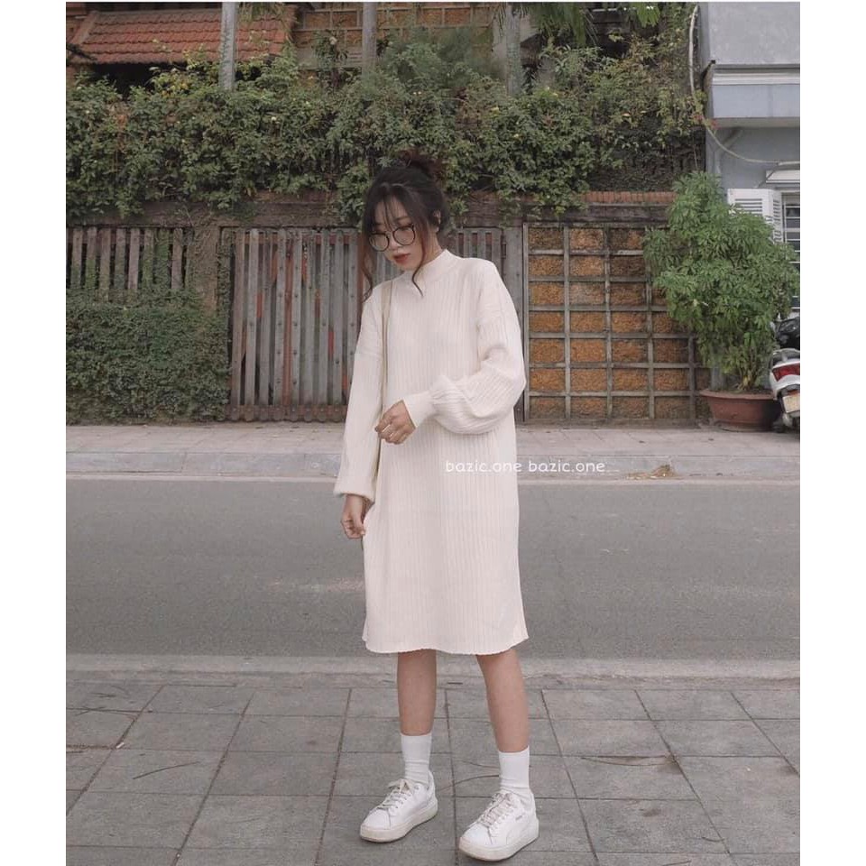 Váy Nỉ Dáng Suông Bo Tay 🌺 Váy len nữ dáng suông 2 màu basic ĐEN | TRẮNG style Ulzzang SIÊU HOT 🌺 | BigBuy360 - bigbuy360.vn