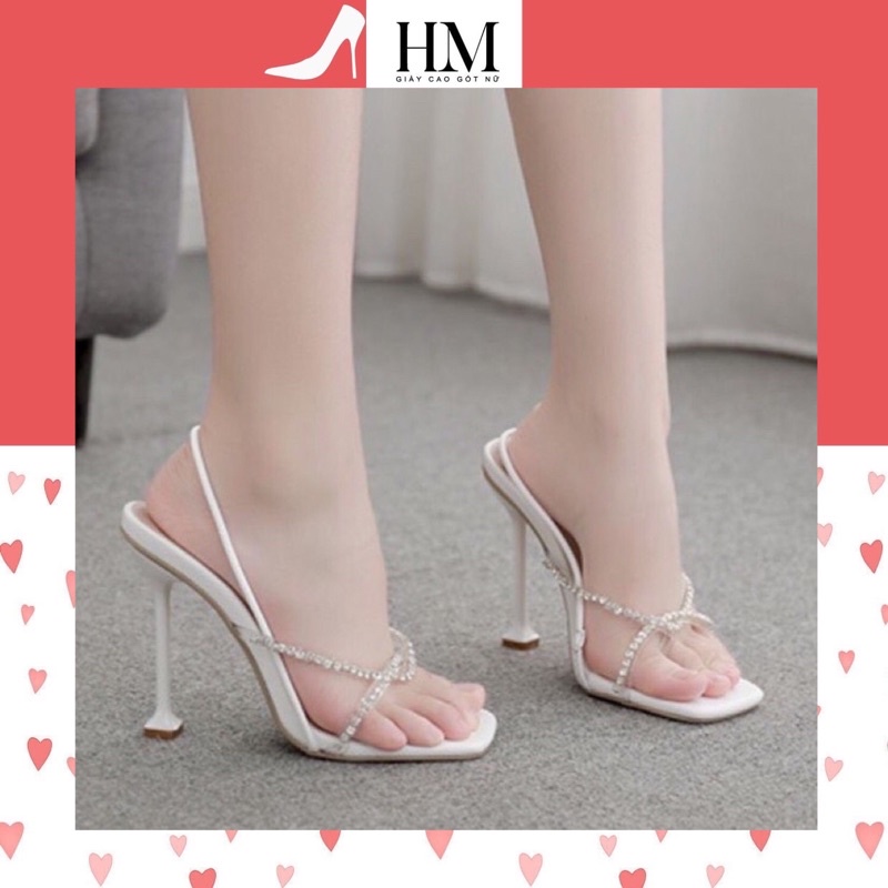 Giày sandal cao gót nữ quai chéo đính đá phối quai kẹp trong suốt 7 phân