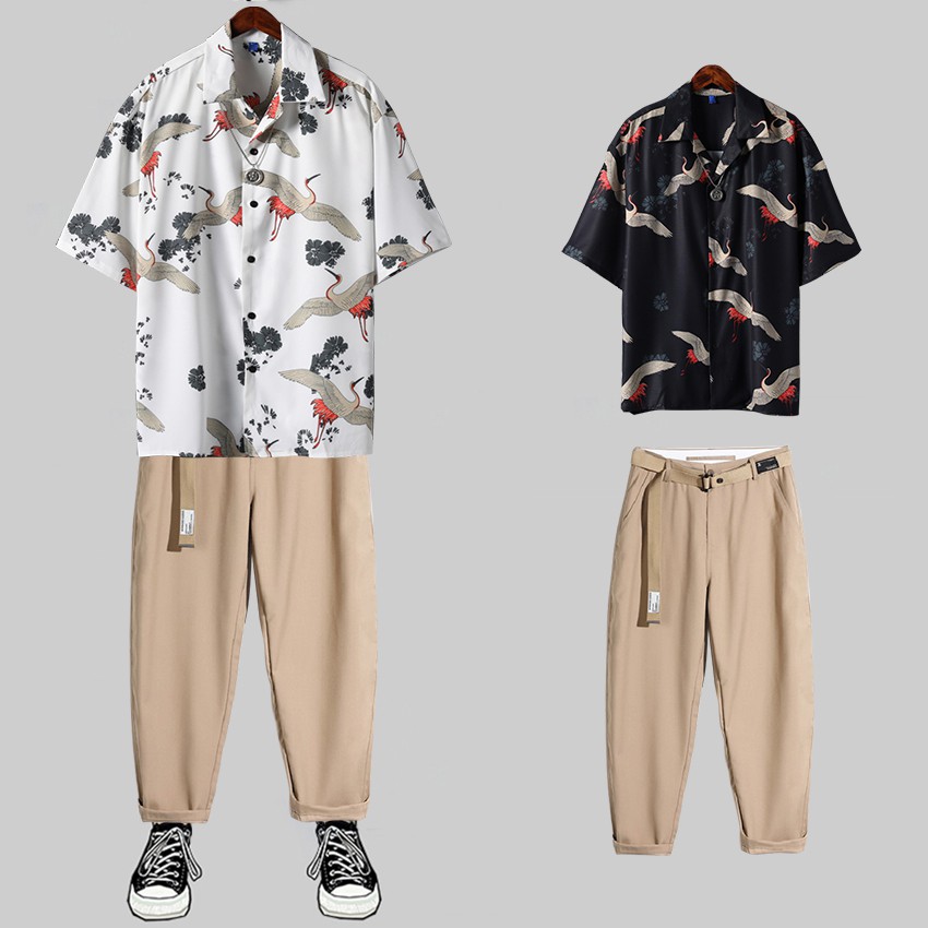 Combo Áo Sơ Mi Ngắn Tay Hoạ Tiết Chim Hạc Kết Hợp Quần Tây Âu Dáng Baggy (Tặng Dây Lưng) SOMI 35 + JOGGER 66 CR | BigBuy360 - bigbuy360.vn