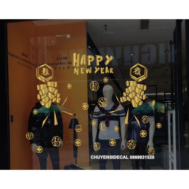 Decal trang trí Tết - Dây Pháo Hoa nổi bật Happy New Year ( ĐỎ - VÀNG )