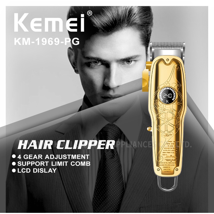 Tông đơ cắt tóc không dây cao cấp  Kemei 1969 PG - Lưỡi thép Carbon màn hình LCD