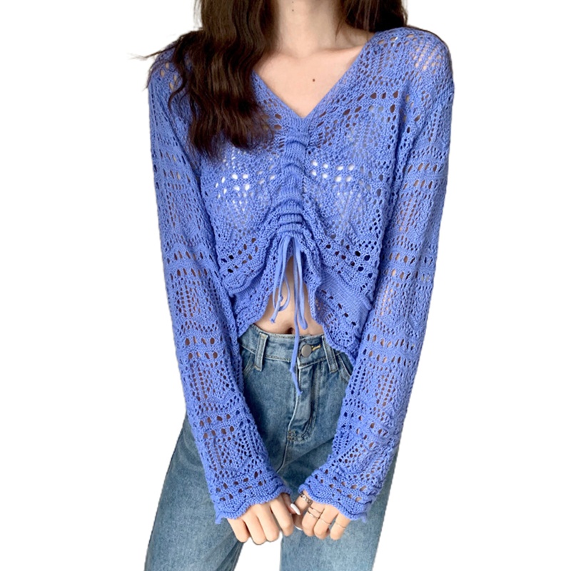 Áo Kiểu Tay Dài Phối Dây Rút Phong Cách Hàn Quốc Trẻ Trung Cho Nữ