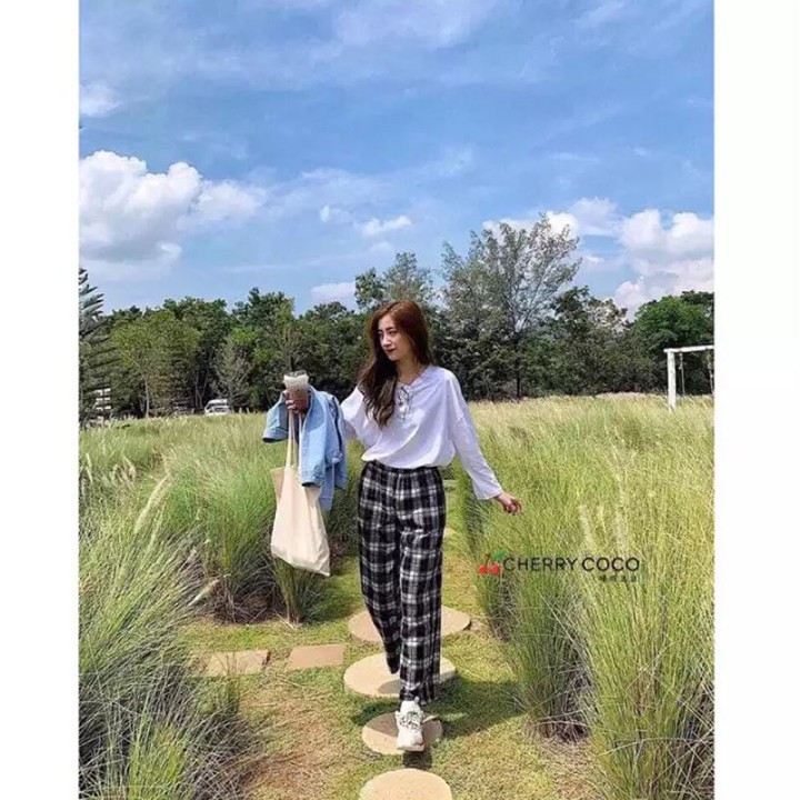Quần baggy nữ ống suông kẻ caro thời trang Freesize cho nữ dưới 60kg